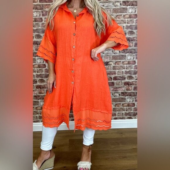 Vibrant Orange 100% Linen Made in Italy Button-Down Tunic Dress Sz XXL 26” PTP - Picture 2 of 13